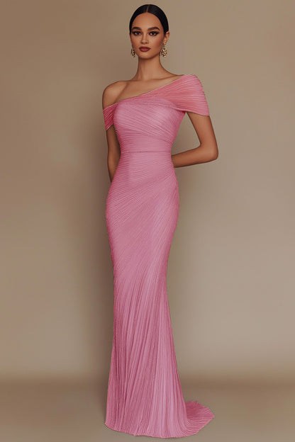 Evening Prom Light Blue Gown One Shoulder Glitter Pleated Maxi Dress