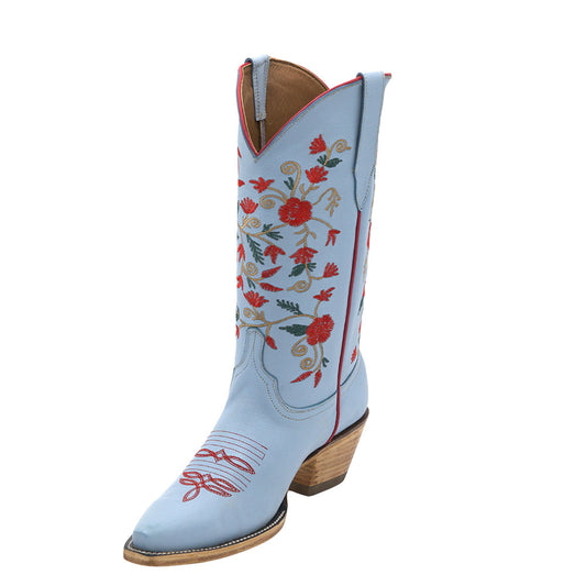 Embroidered Floral Snip Toe Mid-Calf Light Blue Cowgirl Boots