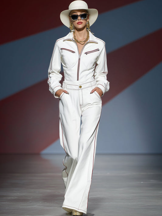 Fashionable Casual Red Trim Zipper Lapel White Trousers Set
