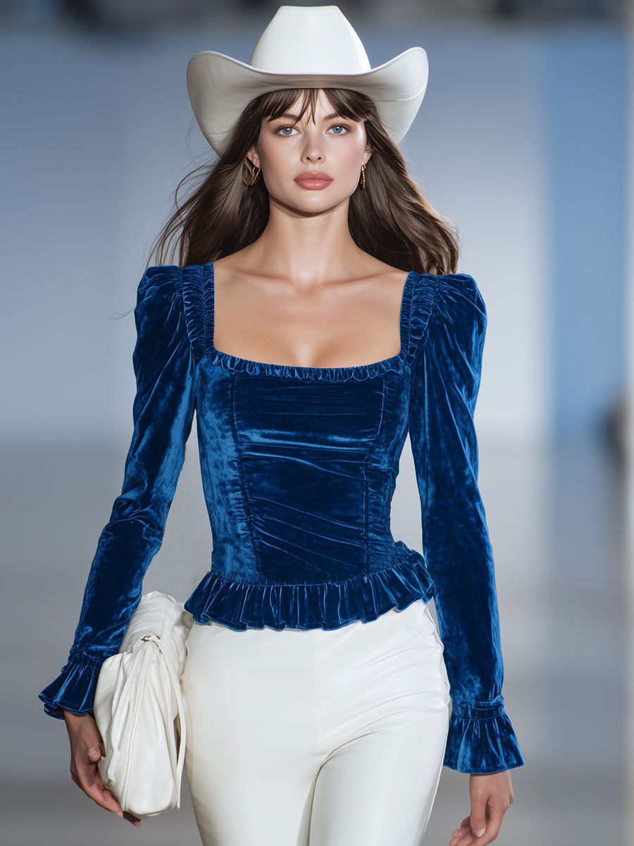Elegant Blue Velvet Mock Collar Ruffled Long Sleeve T-shirt