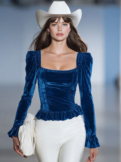 Elegant Blue Velvet Mock Collar Ruffled Long Sleeve T-shirt