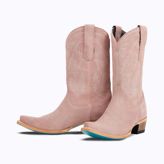 Beige Faux Suede Pointed Toe Chunky Heel Mid-Calf Cowgirl Boots