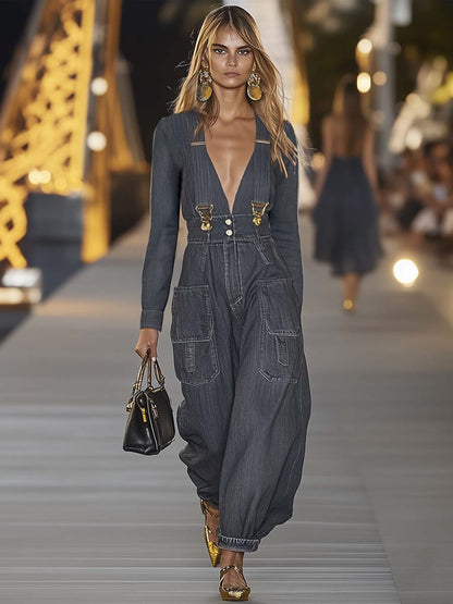 Fashionable And Personalized Loose V-neck Long-sleeved Gray Denim Jumpsuit