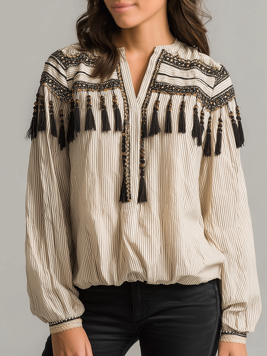 Embroidered Tassel Boho Blouse