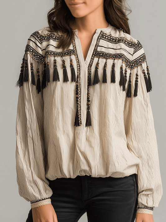 Embroidered Tassel Boho Blouse