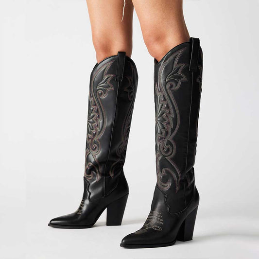Fashion Pointed Toe Embroidered Knee-High Cowgirl Boots in Black