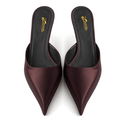 Dark Brown Satin Kitten Heel Pointed Toe Mule Shoes for Women