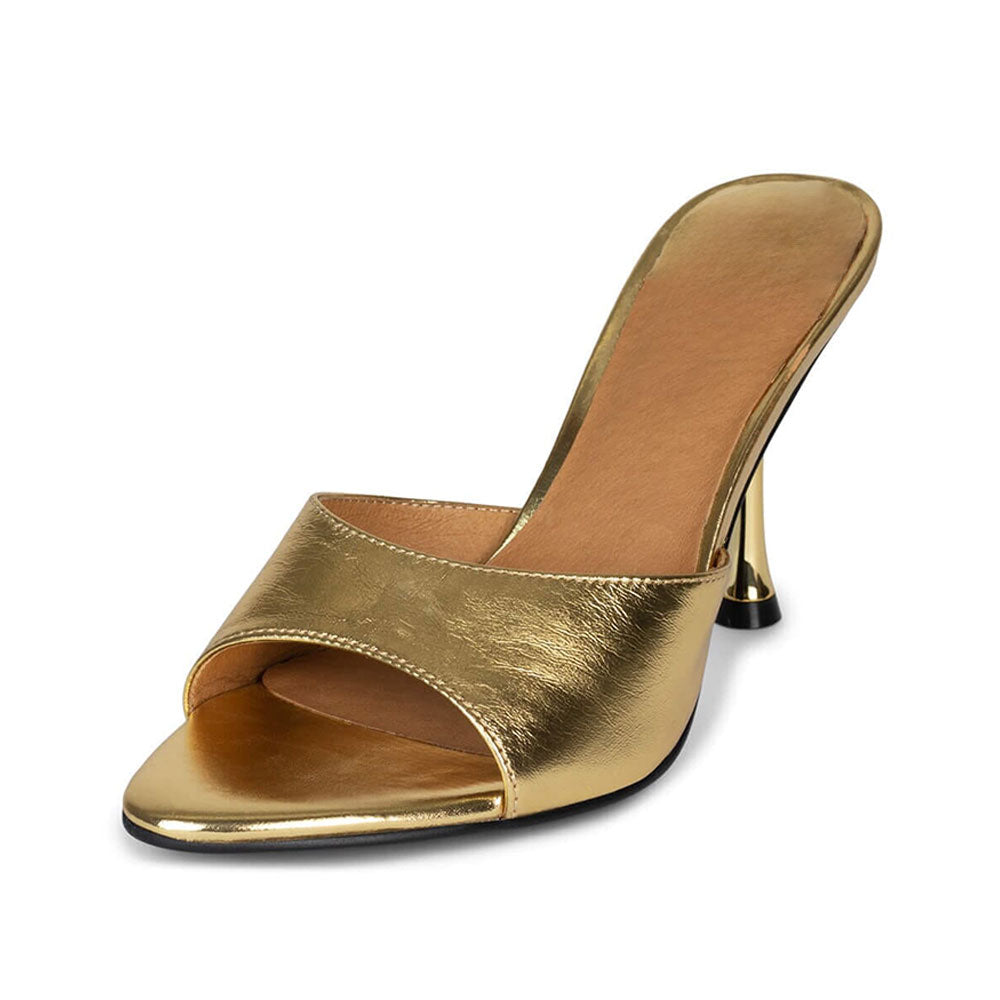 Dull Gold Metallic Round Toe 3'' Flared Heel Wide Band Mules