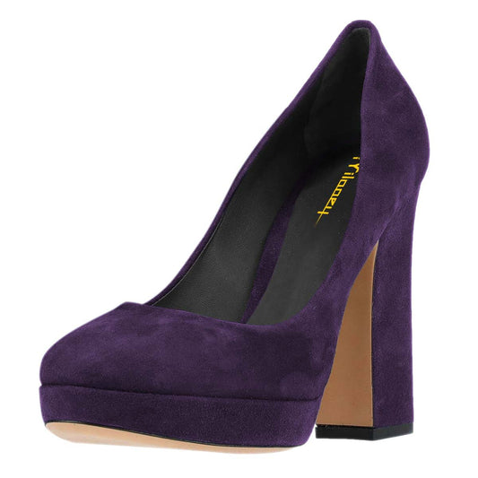 Dark Purple Vegan Suede Round Toe Chunky Heel Platform Pumps Shoes