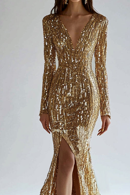 Gold  Dress Sequin High Slit  Long Sleeve Mermaid Maxi Dress