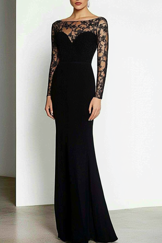Elegant Formal Evening Gown Black Cutout Lace Party Dress