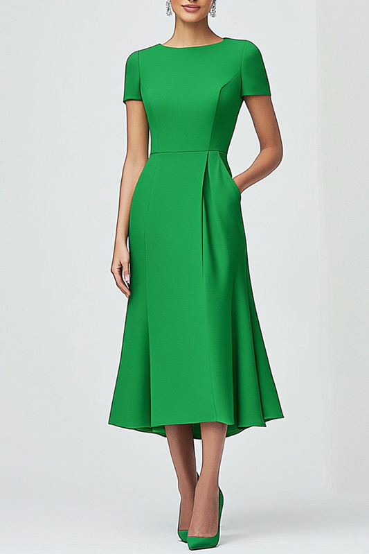 Formal Work Green A-Line Dress Short Sleeves Flared Hem Dress With Pockets