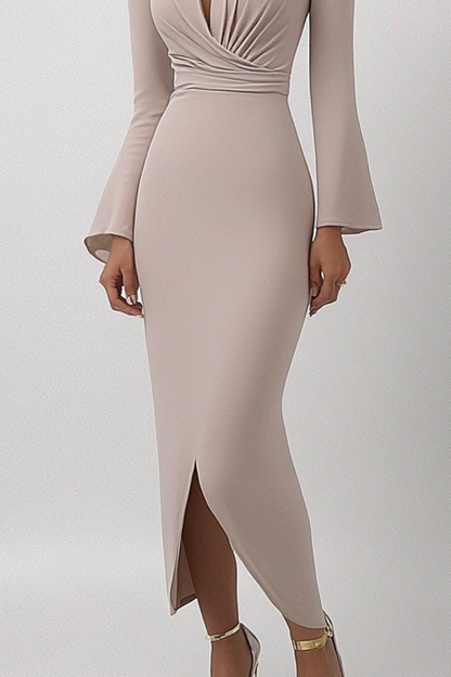 Elegant Bell Sleeves Work Long Dress Deep V Asymmetrical Hem Dress