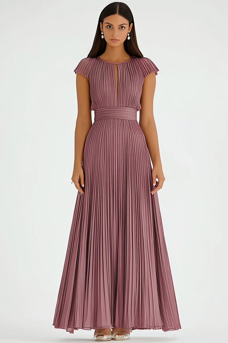Formal Yacht Dress Floor-Length Pleated Dress Cap Sleeves Cut-Out Dress