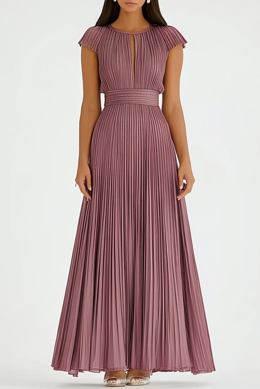 Formal Yacht Dress Floor-Length Pleated Dress Cap Sleeves Cut-Out Dress