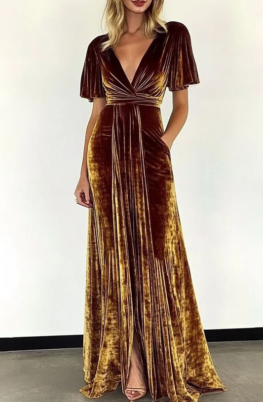 Formal Evening Dress Tan Velvet V Neck with Pockets Floor-Length Dress