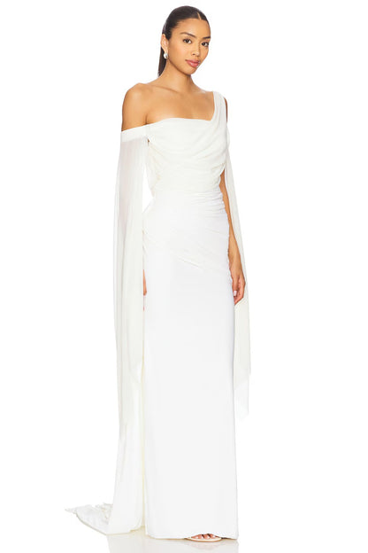 Aurianne White Asymmetrical Draped Maxi Dress