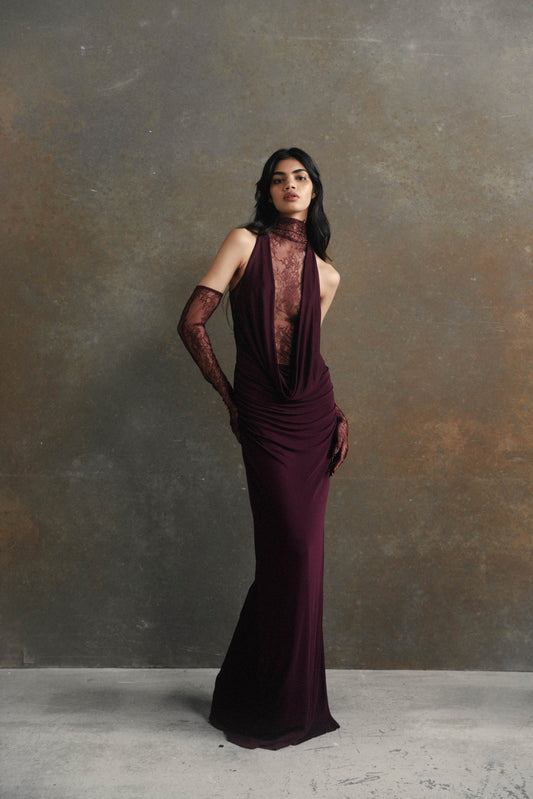 Borbála Magenta Lace Bodice Ruched Maxi Dress