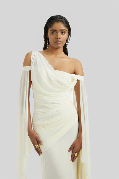 Aurianne White Asymmetrical Draped Maxi Dress