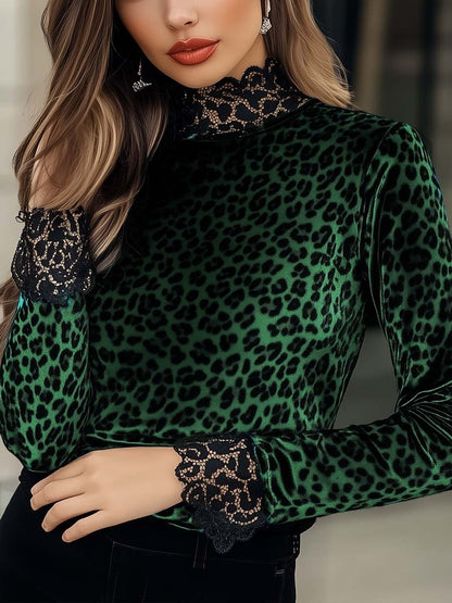(clearance)Women's Lace Panel Leopard Printed Velvet T-Shirt
