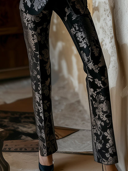 Elegant Black Satin Jacquard Suit with Floral Pattern
