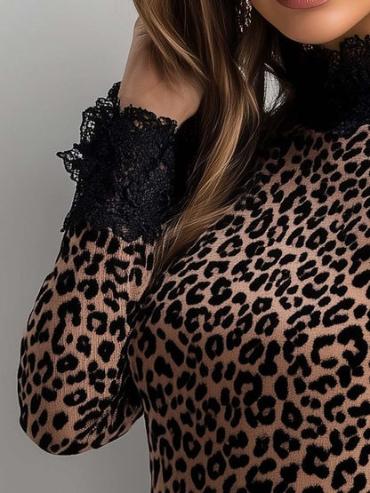 (ship in 24hrs)Women's Lace Leopard Velvet T-shirt