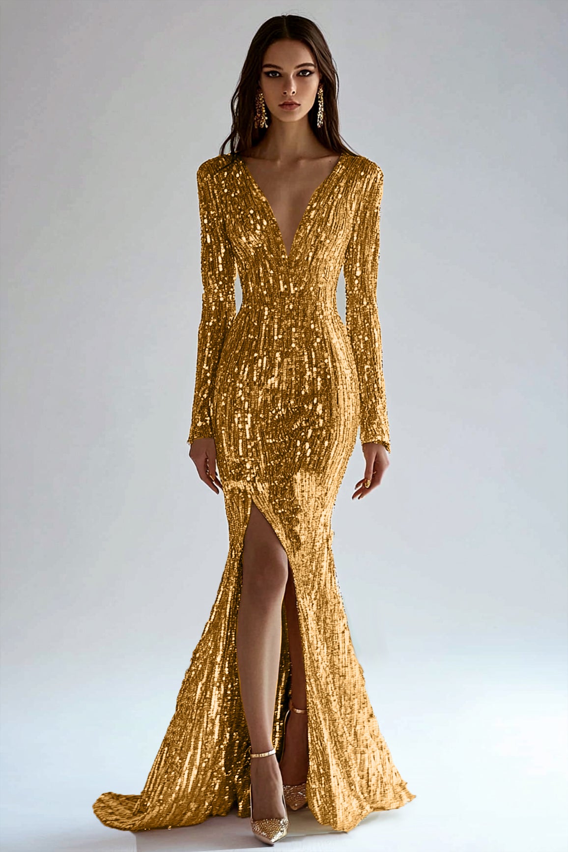 Gold  Dress Sequin High Slit  Long Sleeve Mermaid Maxi Dress