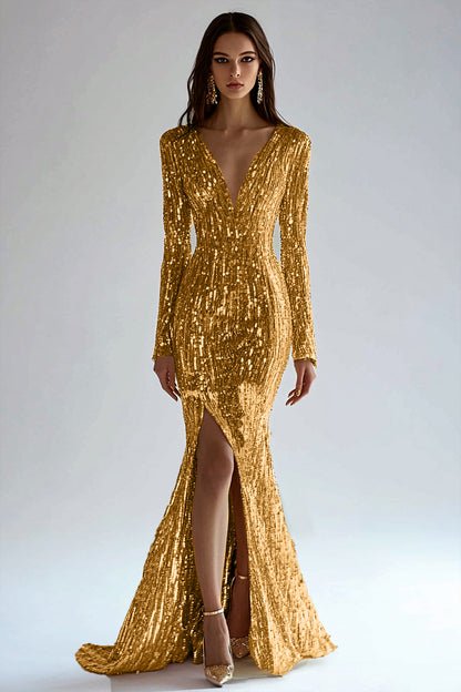 Gold  Dress Sequin High Slit  Long Sleeve Mermaid Maxi Dress