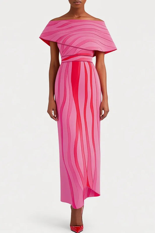 Daily Party Work Pink Stripe Off Shoulder Maxi Dress