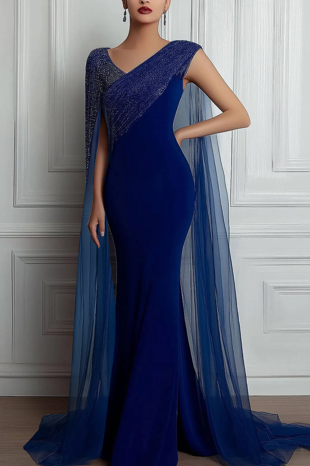 Evening Formal Dress Asymmetrical Neck One-shoulder Sequin Cape Floor-length Dress