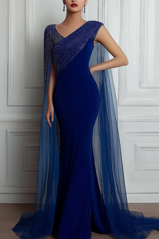 Evening Formal Dress Asymmetrical Neck One-shoulder Sequin Cape Floor-length Dress