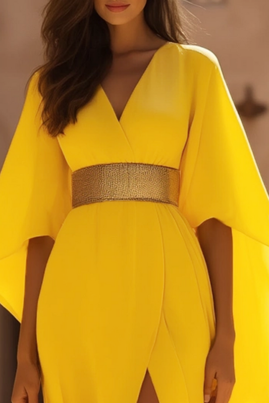 Formal Evening Dress Belted Yellow High Slit Floor-Length Gown