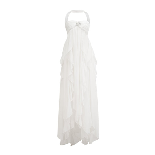 Mariah White Chiffon Ruffle Halterneck Maxi Dress