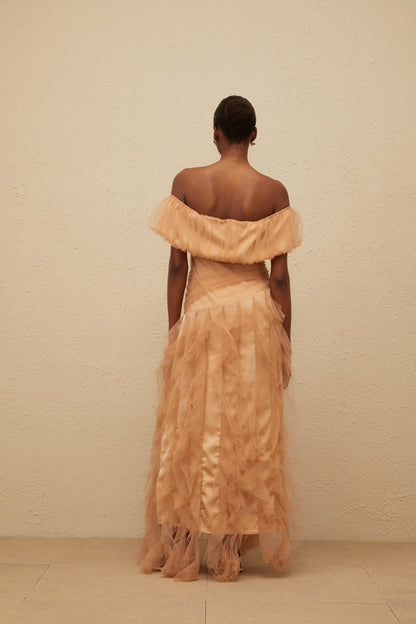 Ivonne Khaki Off-Shoulder Ruffled Tulle Maxi Dress