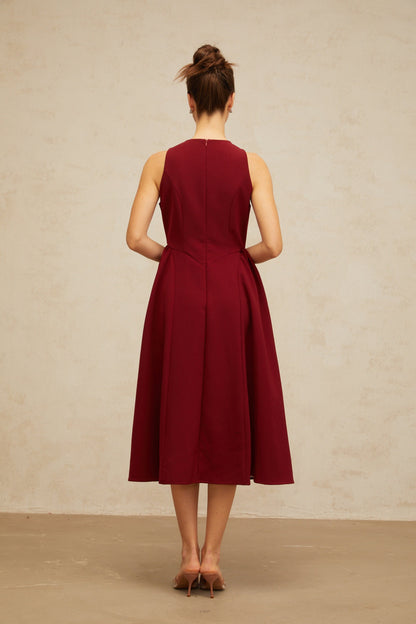Amandine red flower-motif pleated midi tank dress