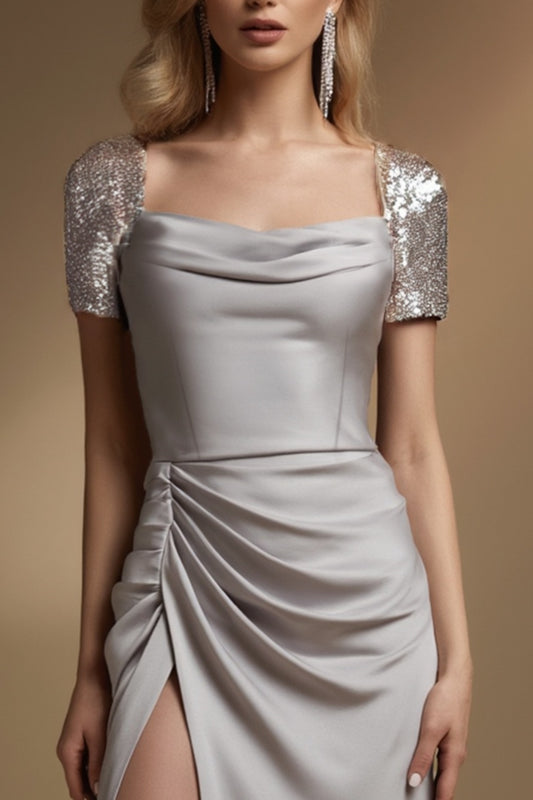 Evening Formal Dress Silver Square Neck Maxi Length Sequin Dress