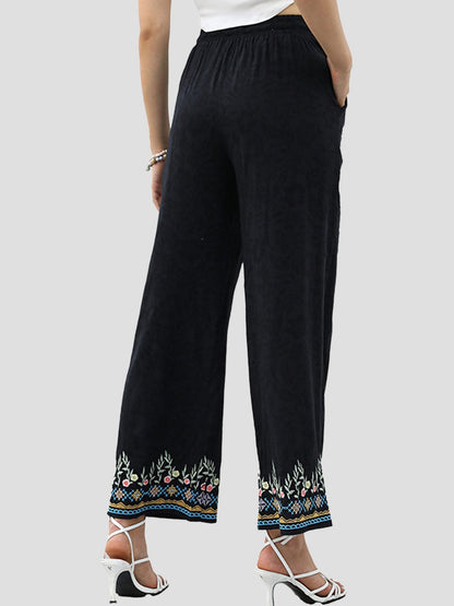 Elegant Floral Embroidered Elastic Waist Straight-leg Pants