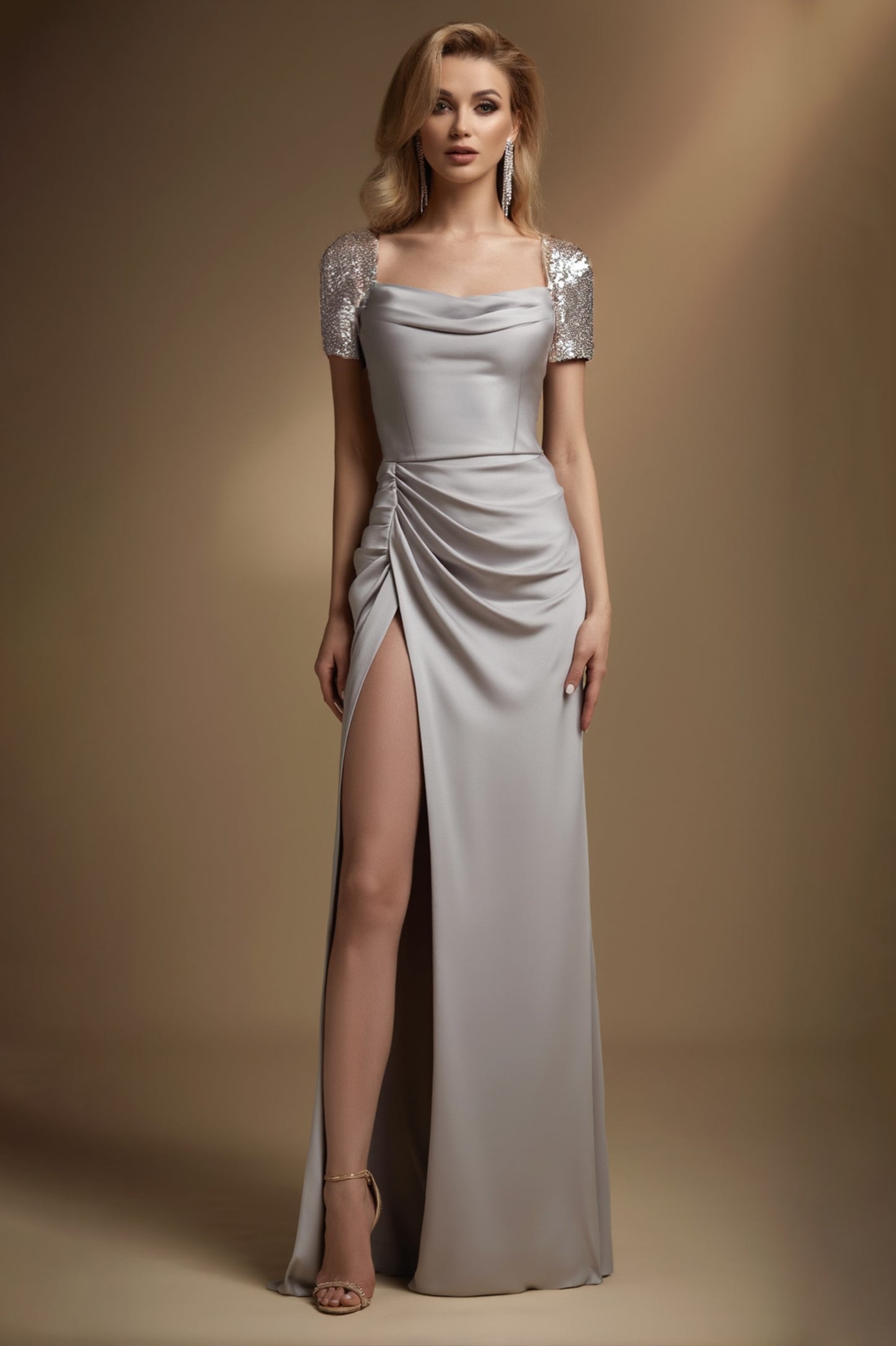 Evening Formal Dress Silver Square Neck Maxi Length Sequin Dress